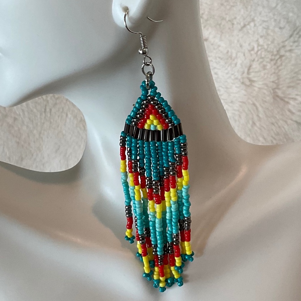 HANDMADE MULTI COLOR BEAD EARRINGS W/ STAINLESS STEEL HOOKS AQUA RED BLUE YELLOW